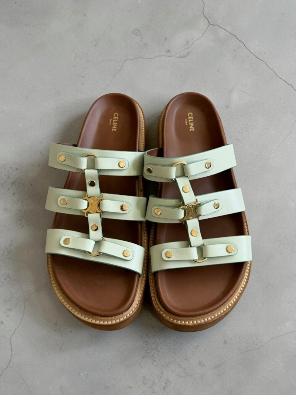 CELINE Mint Green Slide Tippi Triomphe Leather Sandals Size 39.5 / US 9.5